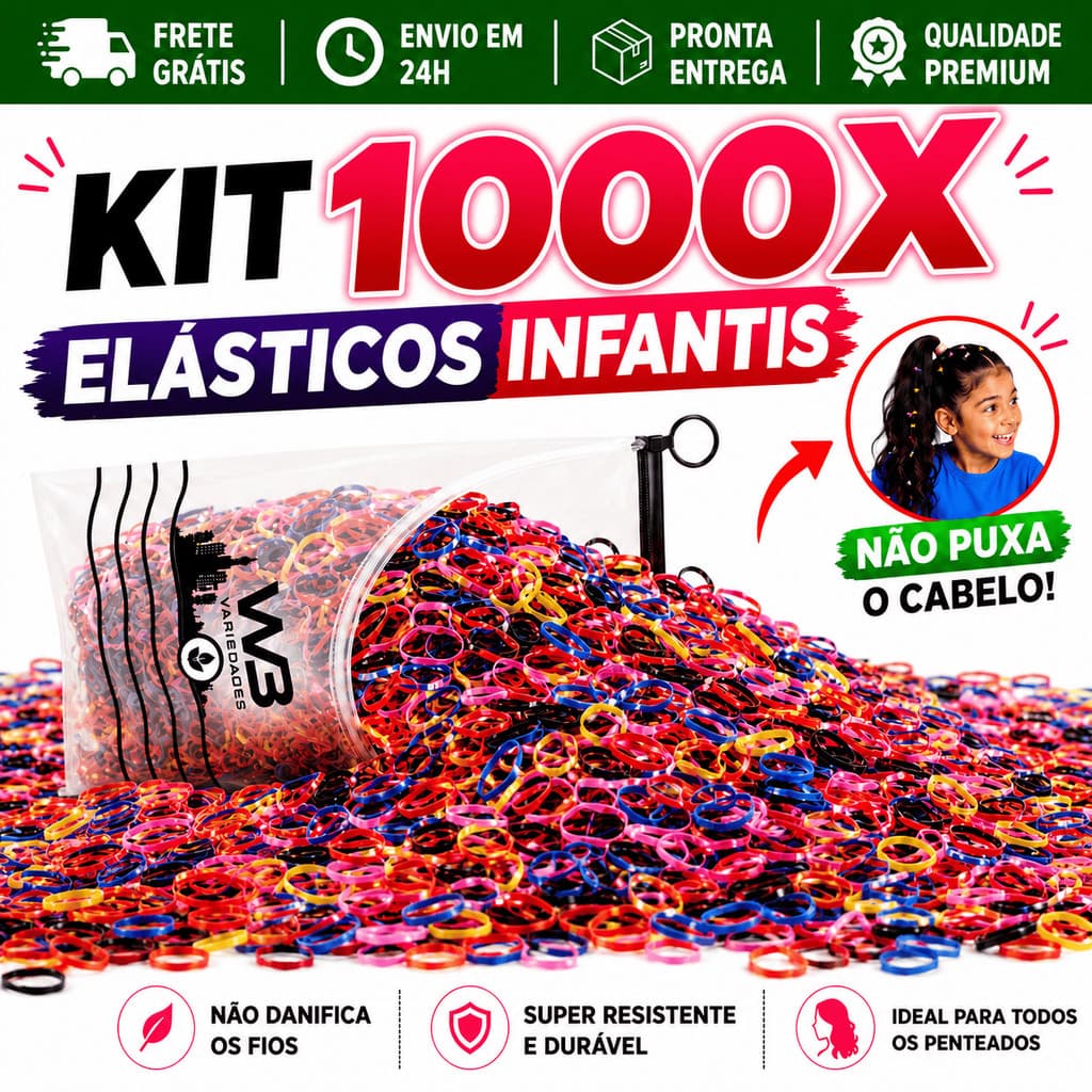 Kit 1000 Unidades Elástico de Cabelo Infantil Feminino Multicolorido com Necessaire Pronta Entrega