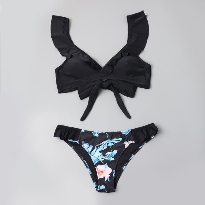 8818 Biquíni feminino de comércio exterior preto estampado adulto dividido maiô fada folha de lótus pescoço amarrado-