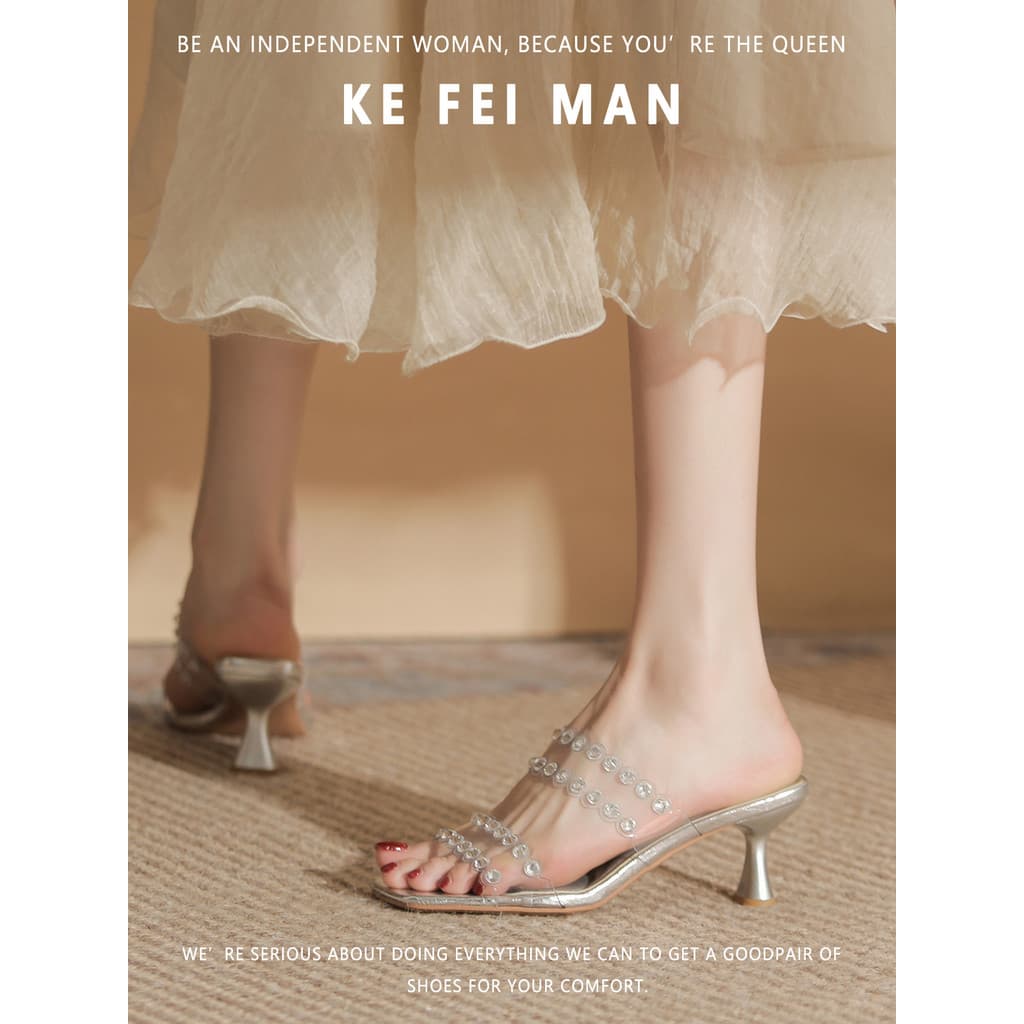[Kefiman] Sandálias de salto alto transparentes com strass, chinelos femininos de verão, lindo temperamento, salto alto