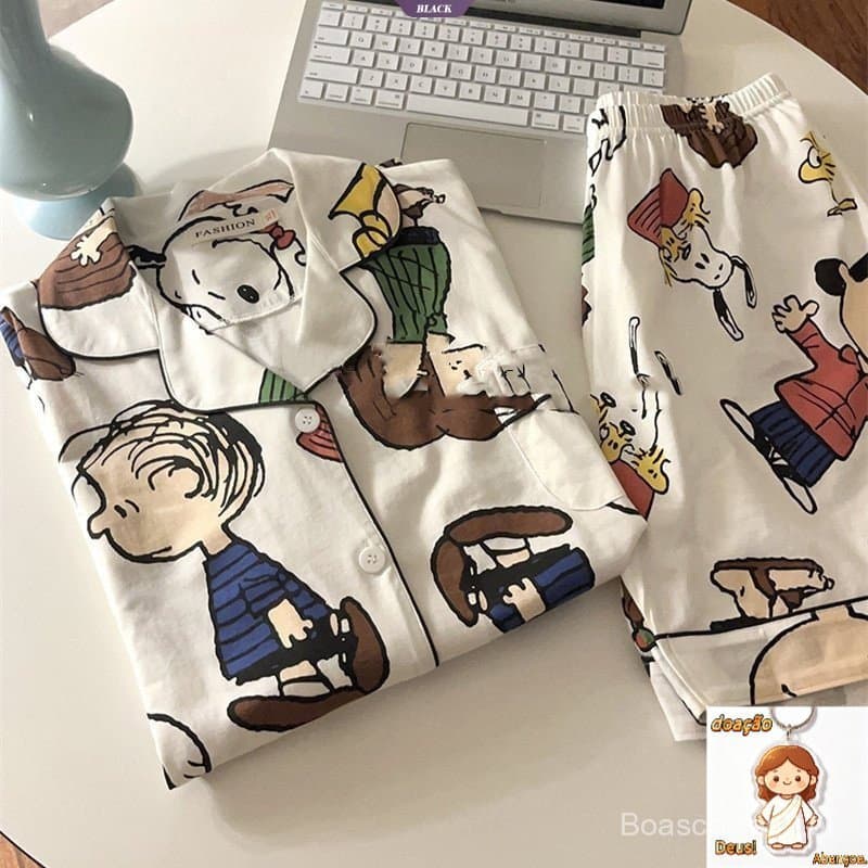 Anime dos desenhos animados Charlie Brown Print Conjunto de Pijamas Snoopy Mulheres Novo Verão INS Shorts de Manga Curta