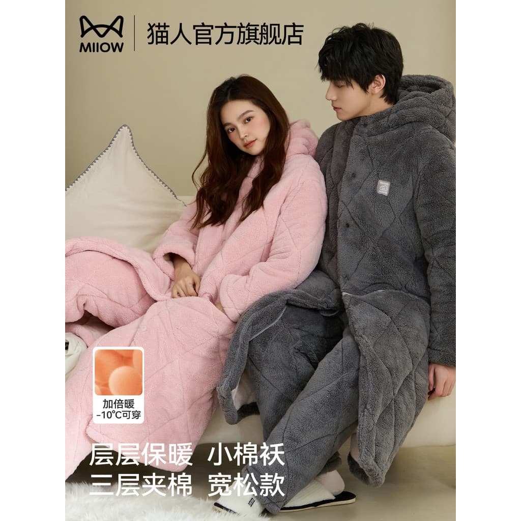 Gato camisola masculina outono inverno engrossado três camadas acolchoado camisola feminina velo quente flanela Homewear