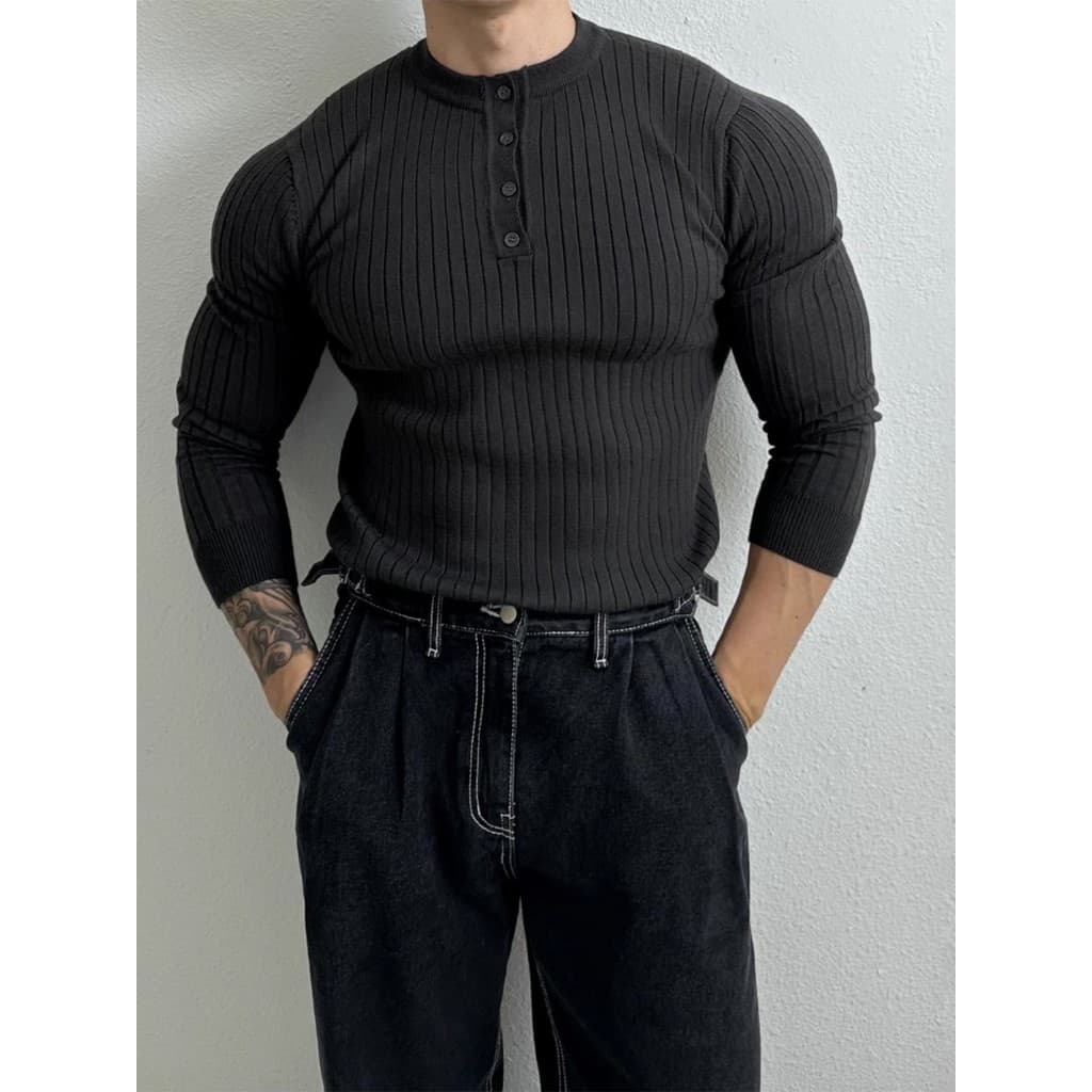 Henry colarinho camisola de manga comprida masculina primavera novo estilo americano High-End músculo masculino Fitness