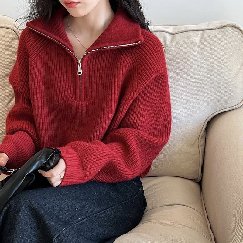 Suéter de Gola Alta com Meio Zíper Vermelho para Mulheres, Outono Inverno 2024, Novo Estilo Coreano, Lã Solta e Confortá