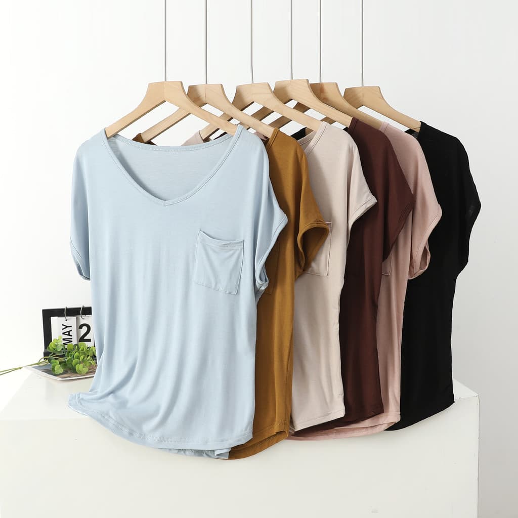 Modal com decote em V máscara de manga curta camiseta feminina primavera verão estilo fino exterior Wear solto mais magr