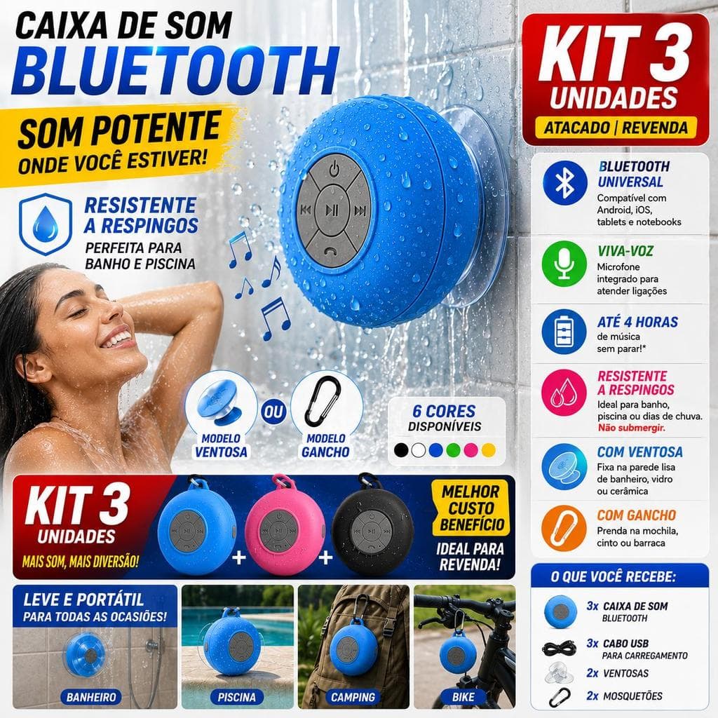 Caixa de Som Bluetooth à Prova d'Água com Ventosa | Mini Alto-falante Portátil para Banheiro, com iPhone e Android