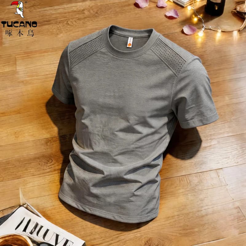 Woodpecker 2026 verão novo estilo solto em torno do pescoço de manga curta camiseta masculina respirável seda gelo Casua