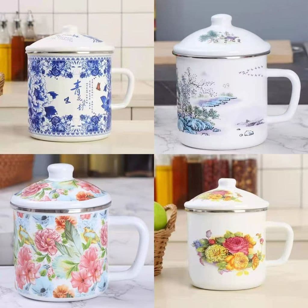 Frasco esmaltado antigo com tampa Frasco de chá com tampa Novo estilo Xícara de chá azul porcelana branca
