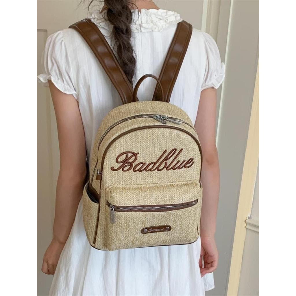 Muzi rua palha mochila feminina 2026 verão novo estilo carta bordado grande capacidade All-Match Casual Commuter mochila