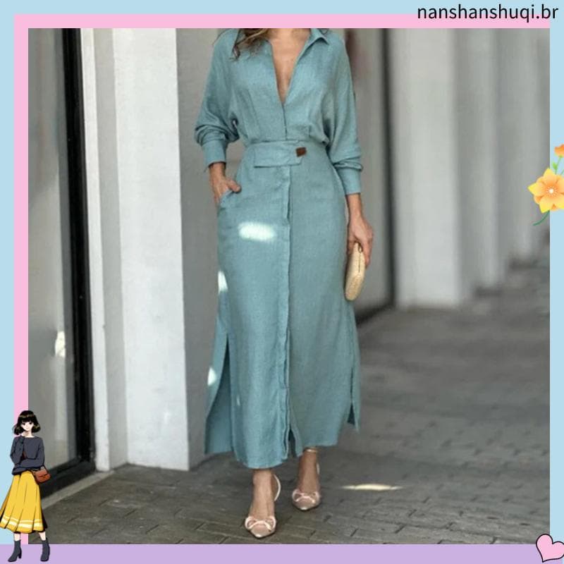 Mulheres De Cor Sólida e # 39moda s Vestido De Fenda Csa Casual Com Decote Em V Lapela Manga Completa Bolsos Saia Longa