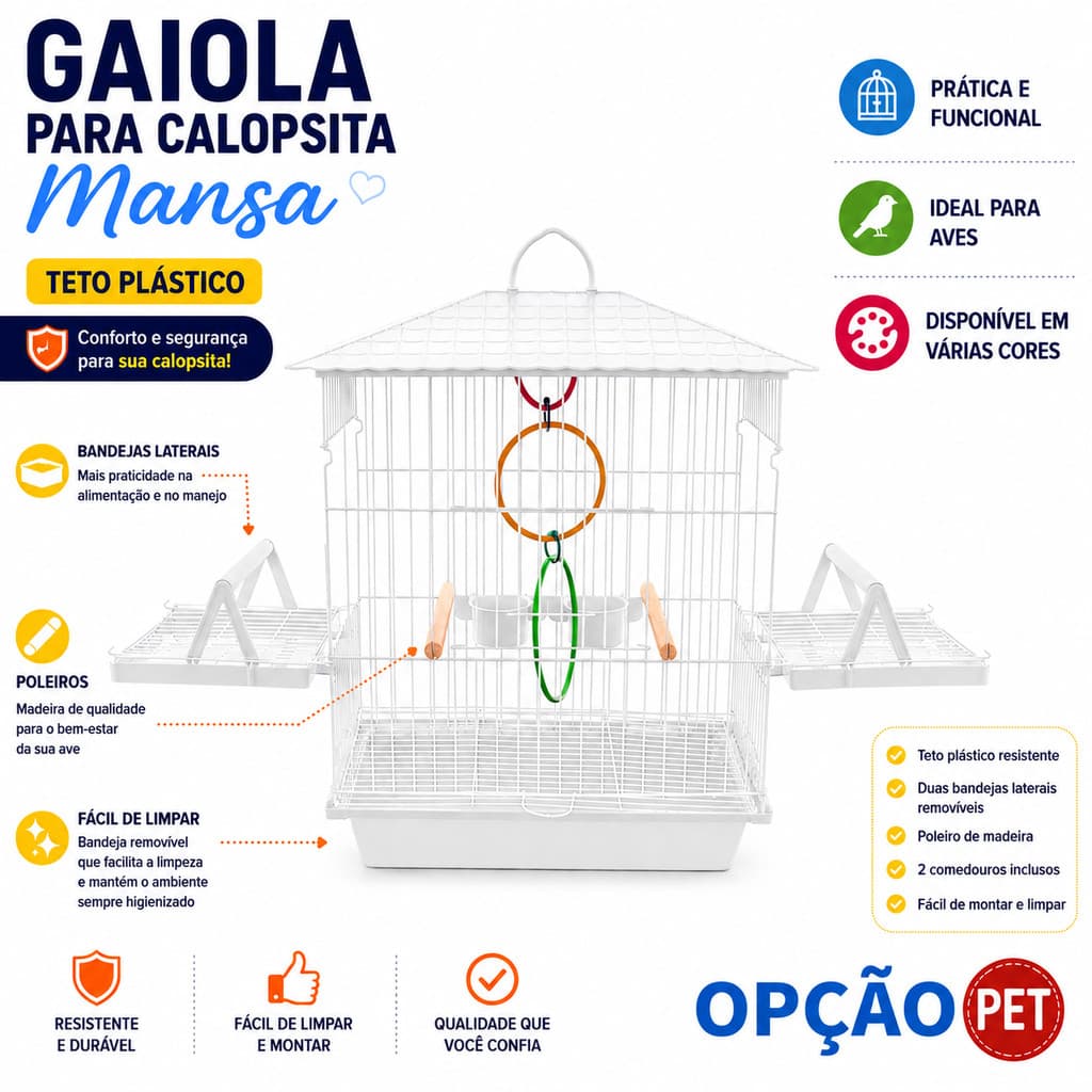 Gaiola para calopsita mansa teto plástico com bandejas e poleiros na cor BRANCA - OPÇÃO PET