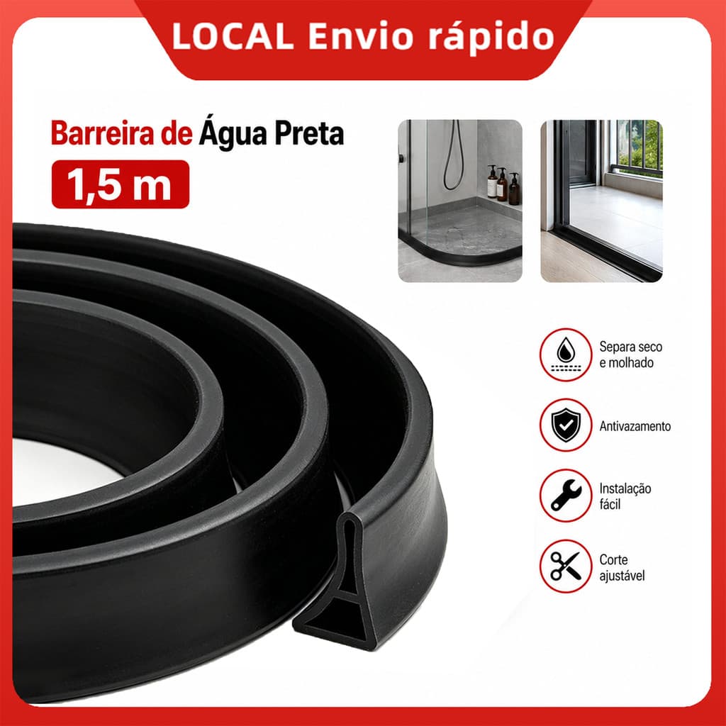 Fita Barreira Impermeável Preta 1,5m, TPE Dobrável para Box, Pia, Cozinha, Banheiro e Janela