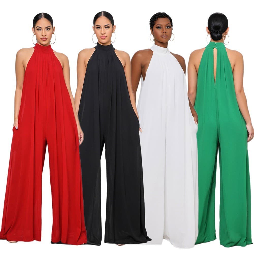 Verão halter neckoff Ombro Cor Sólida Casual Chiffon Solto Temperamento Feminino Macacão De Uma Peça