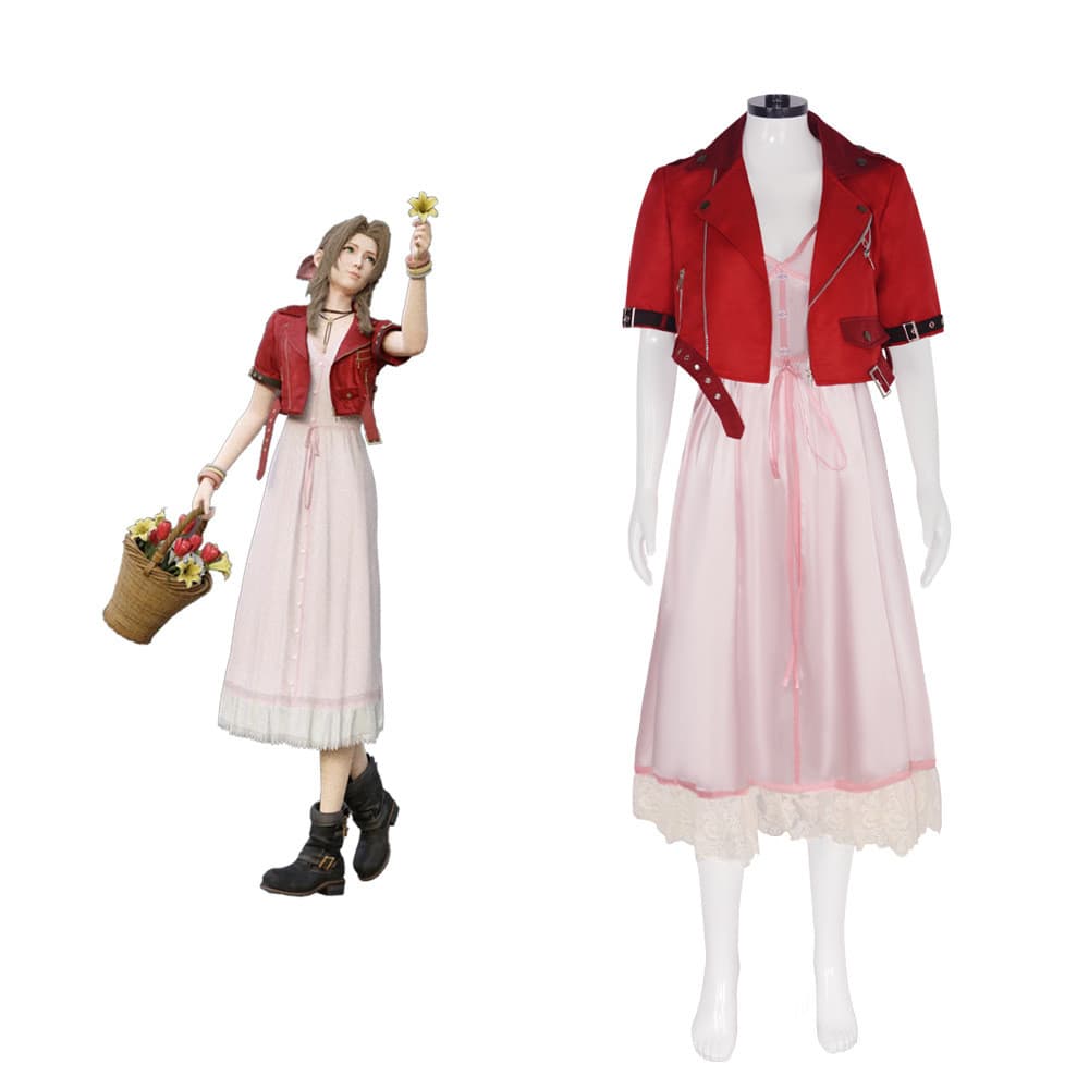 Final Fantasy VII Remake Aerith Gainsborough Cosplay Traje Vestido Rosa Roupa FF7 Jogo Personagem Role Play Conjunto Com