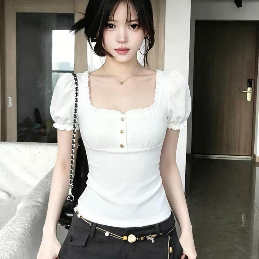 [Seckill por tempo limitado] Camiseta de renda branca com bolha de orelha estilo coreano temperamento doce Slim fit Top