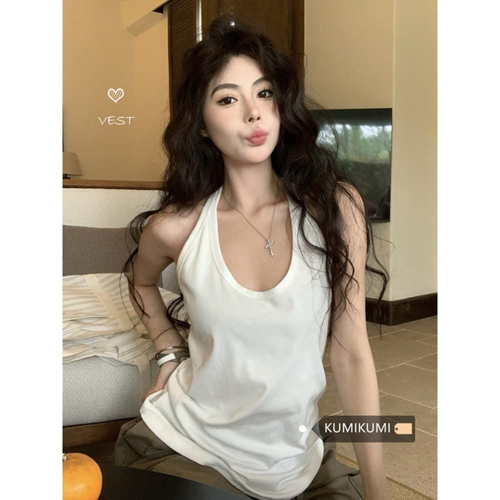Branco preguiçoso estilo Casual exterior Wear Halter camisola feminina esportes de verão solto mais magro olhar interior
