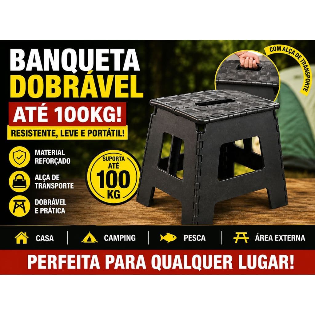 Banquinho Portátil Dobrável Banqueta Até 100kg Alça de Transporte PP Reforçado Portátil Casa Camping Pesca Banco