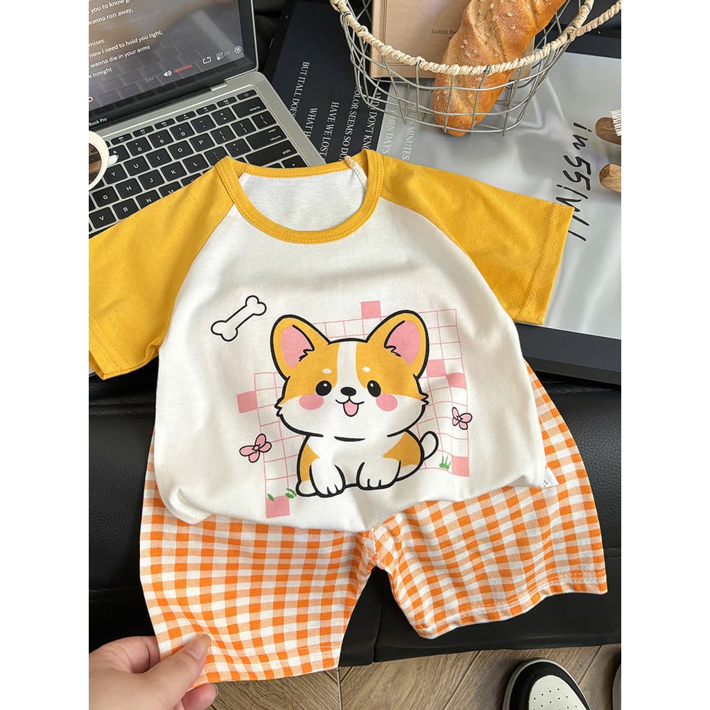 Verão crianças terno de manga curta meninos meninas puro algodão em torno do pescoço camiseta Shorts terno de duas peças