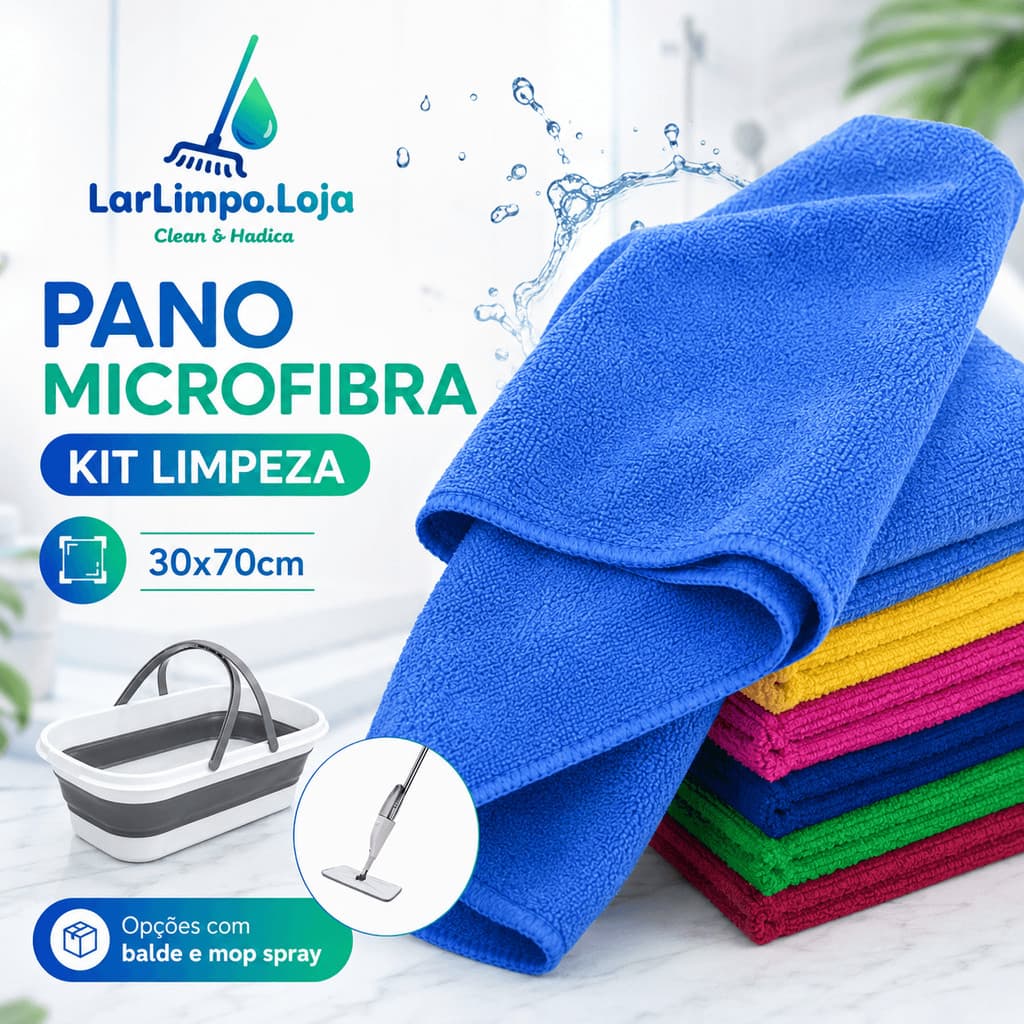 Pano Multiuso Microfibra 30x70cm + Mop Spray Com Reservatório 130cm 2 Refis Esfregão Limpeza Casa Carro Absorvente