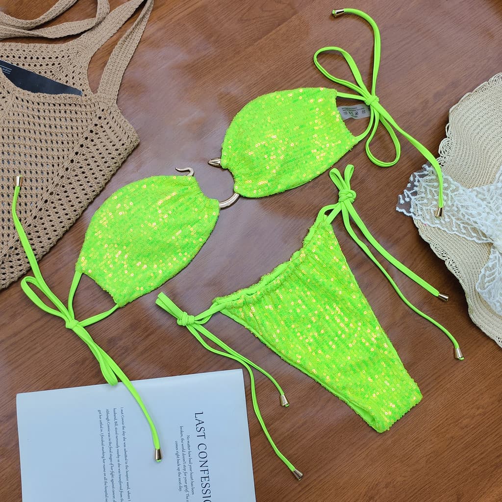 Biquíni de lantejoulas multicolorido com estampa de cobra, biquíni de duas peças para mulheres