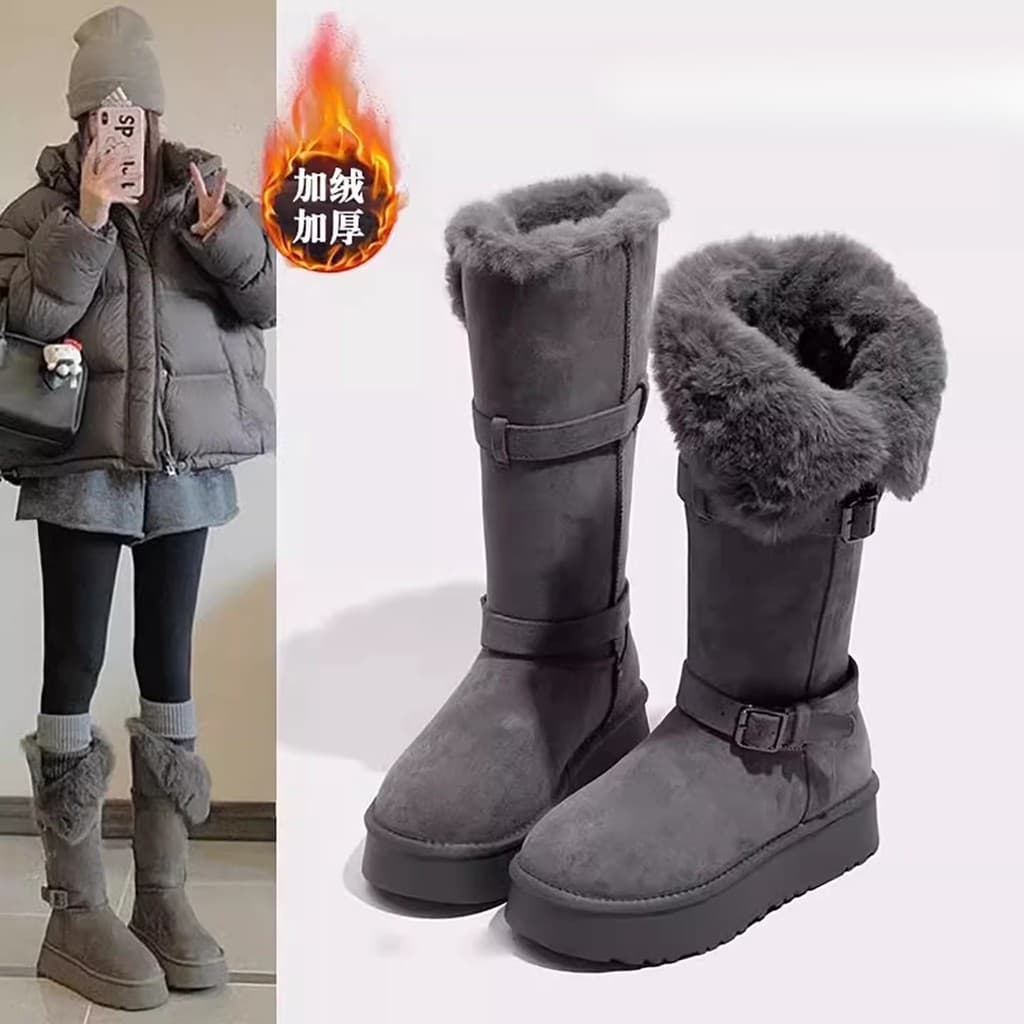 Botas de neve de sola grossa cinza quente feminino 2025 novo estilo inverno velo engrossado meados de comprimento botas