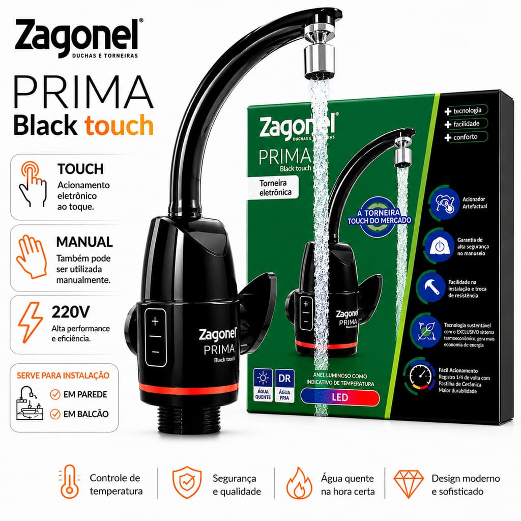 Torneira Elétrica Touch Zagonel Prima Black 220V 5500W Parede e Bancada
