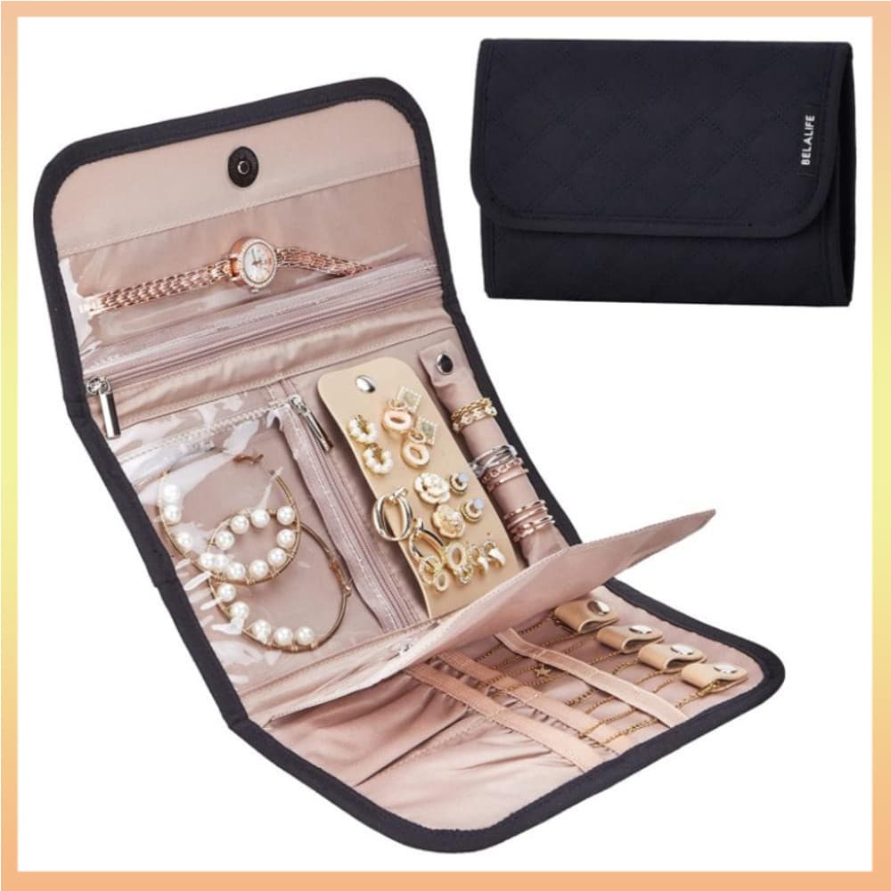 Organizador de Joias para Viagem, Estojo de Armazenamento Dobrável para Brincos, Colares, Anéis, Pulseiras, Bolsa Portát