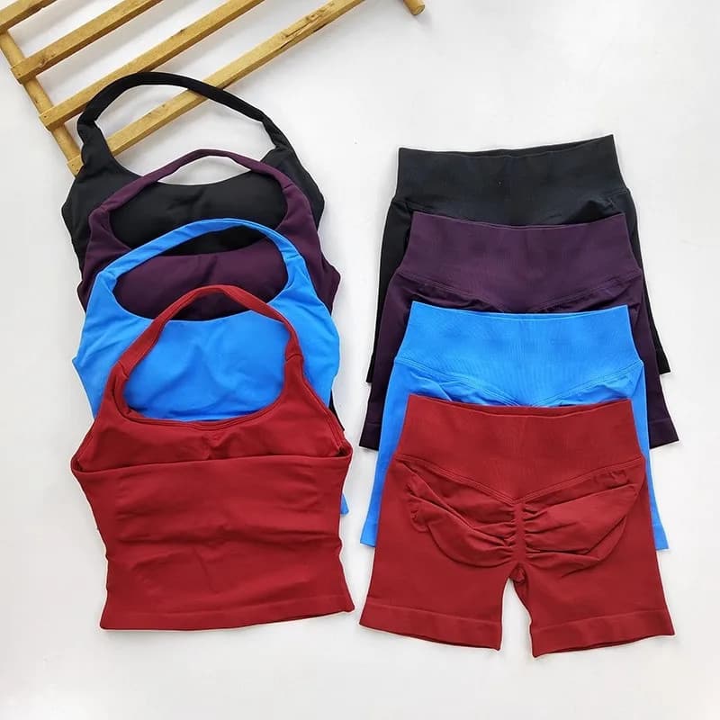 Conjunto de Ginástica Feminino de 2 Peças para Yoga: Top Halter Sem Costas e Shorts de Cintura Alta Costurados, Roupa Es