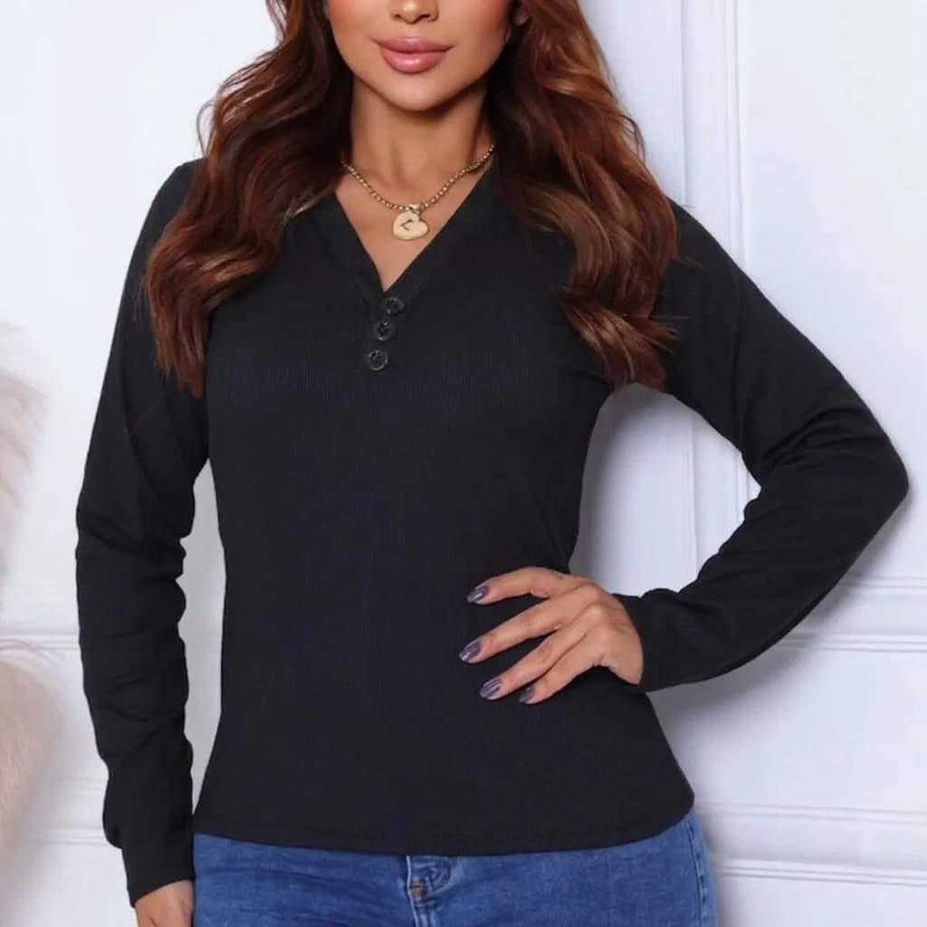 Blusa Feminina Manga Longa Ribana Felpada Gola V Inverno Com Botões Confortável Quentinho Preto
