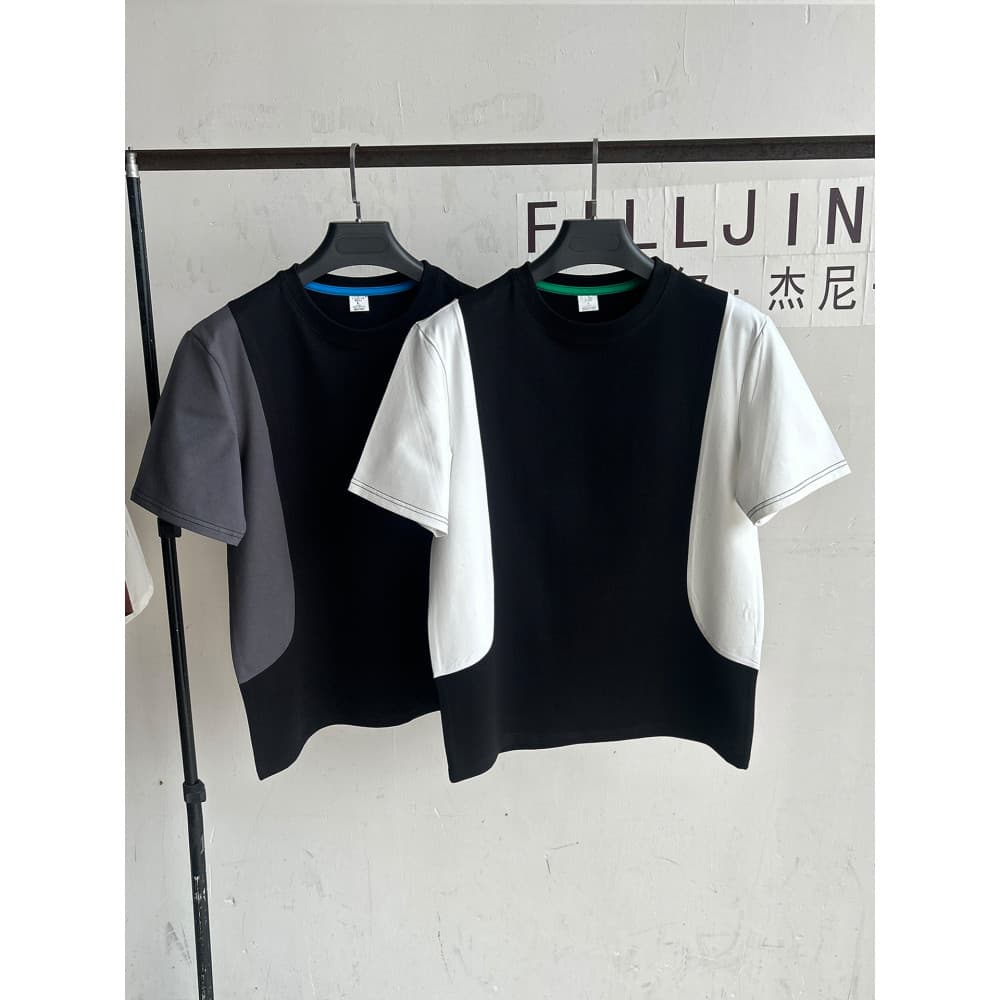 Fergeni Camiseta masculina Casual de verão de manga curta, gola redonda, bloqueio de cores, algodão puro, cor contrastan