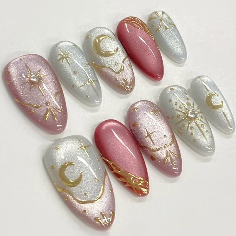 30 peças de venda quente constelação olho de gato estilo longo usando unhas Leo amarelo manchado branco dourado Manicure