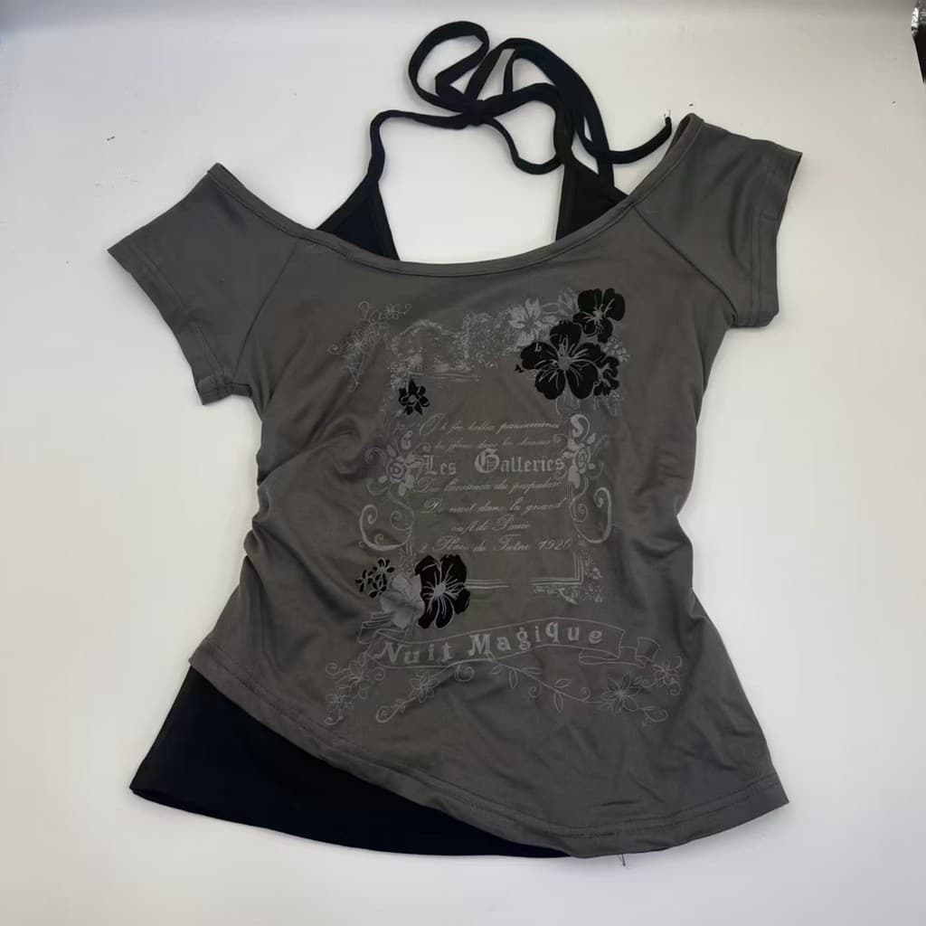 Americano Retro impresso camiseta de manga curta quente menina magro-ajuste falso de duas peças Vintage Halter pescoço c