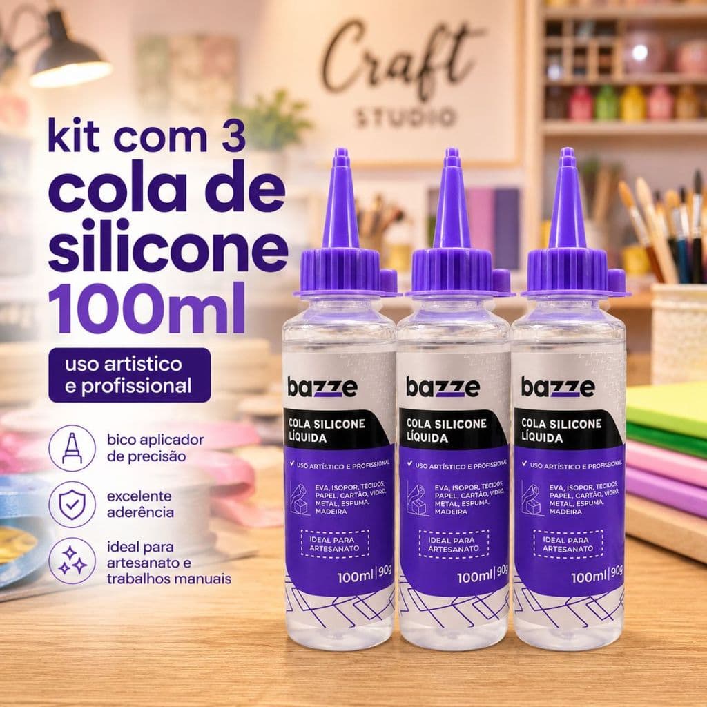 Kit 3 Cola Silicone Líquida Bazze 100ml Para Artesanato EVA MDF Madeira Papel