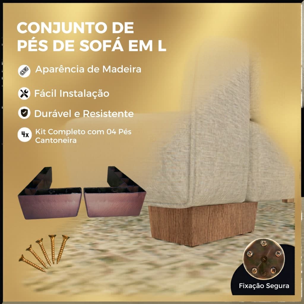 Kit 4 Pés Cantoneira Canto Sofá Poltrona Puff Cor Marrom 12x21cm com Parafusos