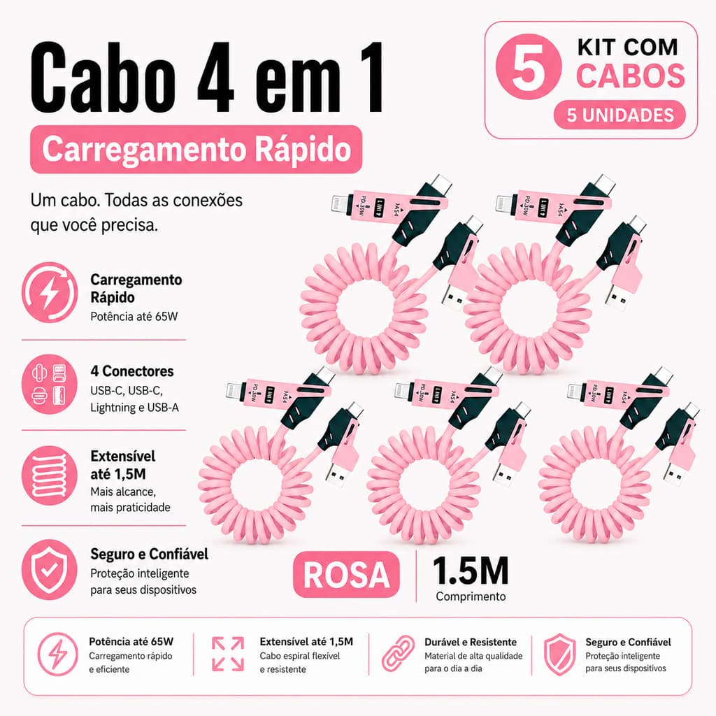 Kits 5x Cabo Universal 4 em 1 Tipo C 1,5m alta durabilidade flexível celular powerbank atacado loja física