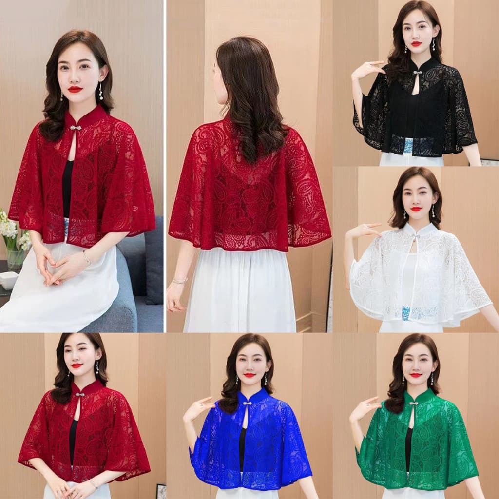 EA & Moda Primavera Verão Xale Casaco Fino Cachecol Manga Longa Renda Temperamento Cardigan Outwear Ombro Gola Falsa Par