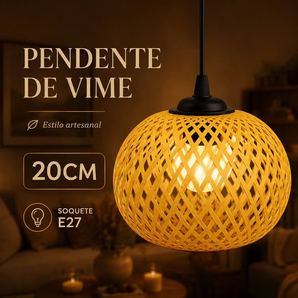 Pendente De Vime Estilo Palha Redondo 20cm Lustre Cabeceira Quarto Balcao Cozinha Gourmet Boho Bivolt