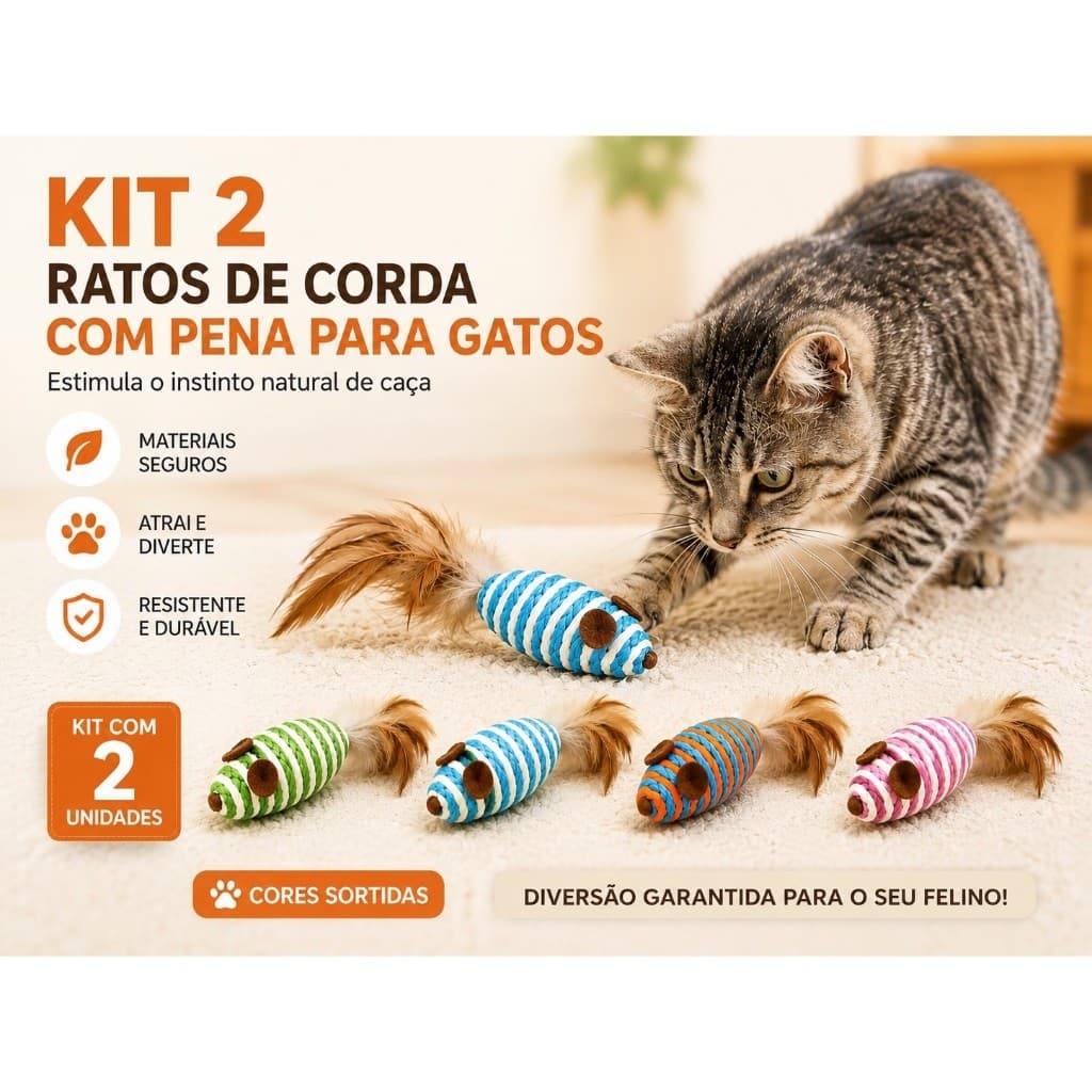Kit 2 Brinquedos Para Gatos Ratinho De Corda Com Pena Mordedor