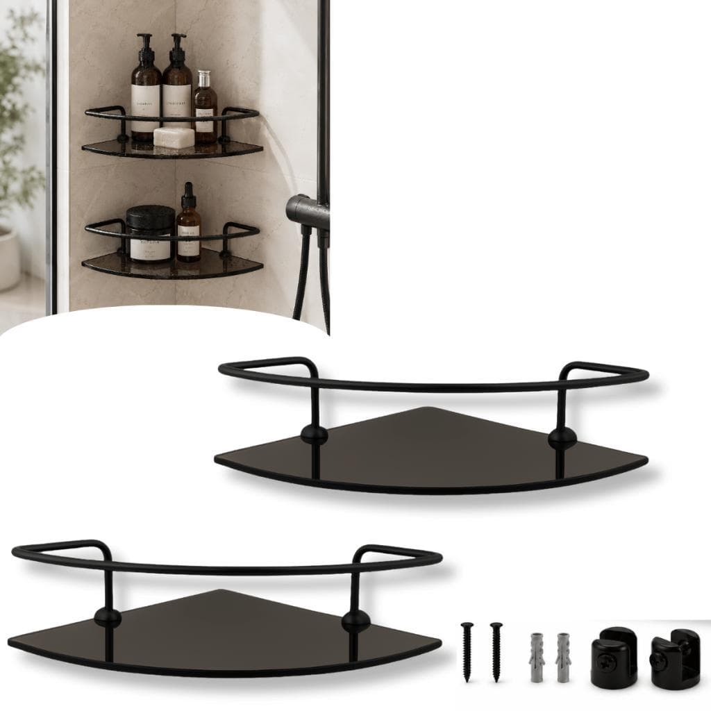 Kit com 2 Porta Shampoo Prateleiras de Canto para Banheiro em Vidro Fumê com Haste de Metal