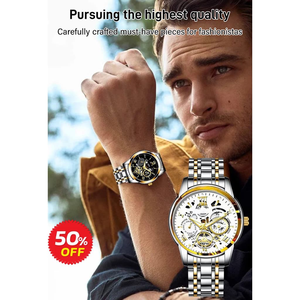 Relógio masculino com movimento totalmente automático, mostrador grande, luminoso, à prova d'água e com mecanismo vazado