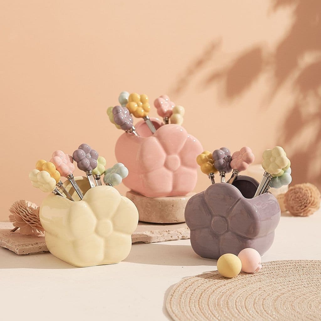 Porta Talheres Cerâmica Flor Maçã Fruta Garfo Centro de Mesa Decorativo Presente Criativo