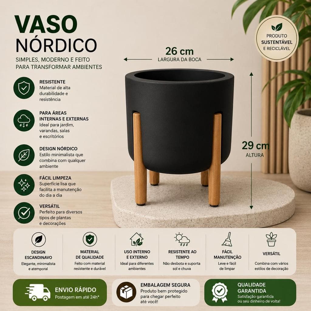Vaso para plantas com pés em madeira Nórdico (P) design moderno para diversos lugares