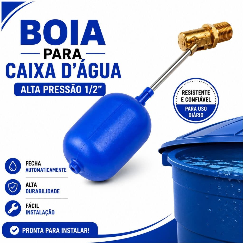 Torneira Boia Caixa D'Água 1/2 Metal Reforçada Alta Vazão Haste Anticorrosiva Automática Resistente