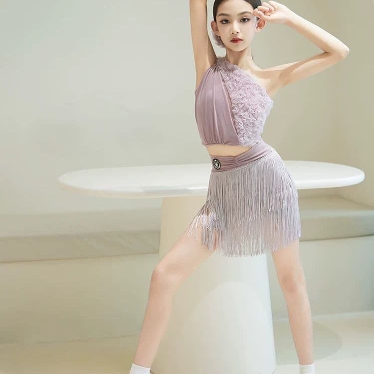 [WDF] Verão novo estilo nobre Taro purê roxo meninas fantasia de dança latina, fantasia de dança de decoração de flores