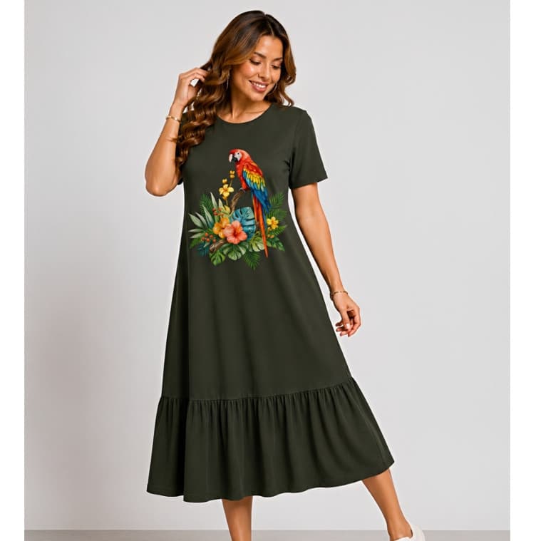 Vestido Feminino Midi Casual Basico Estampa Arara 100% Algodão