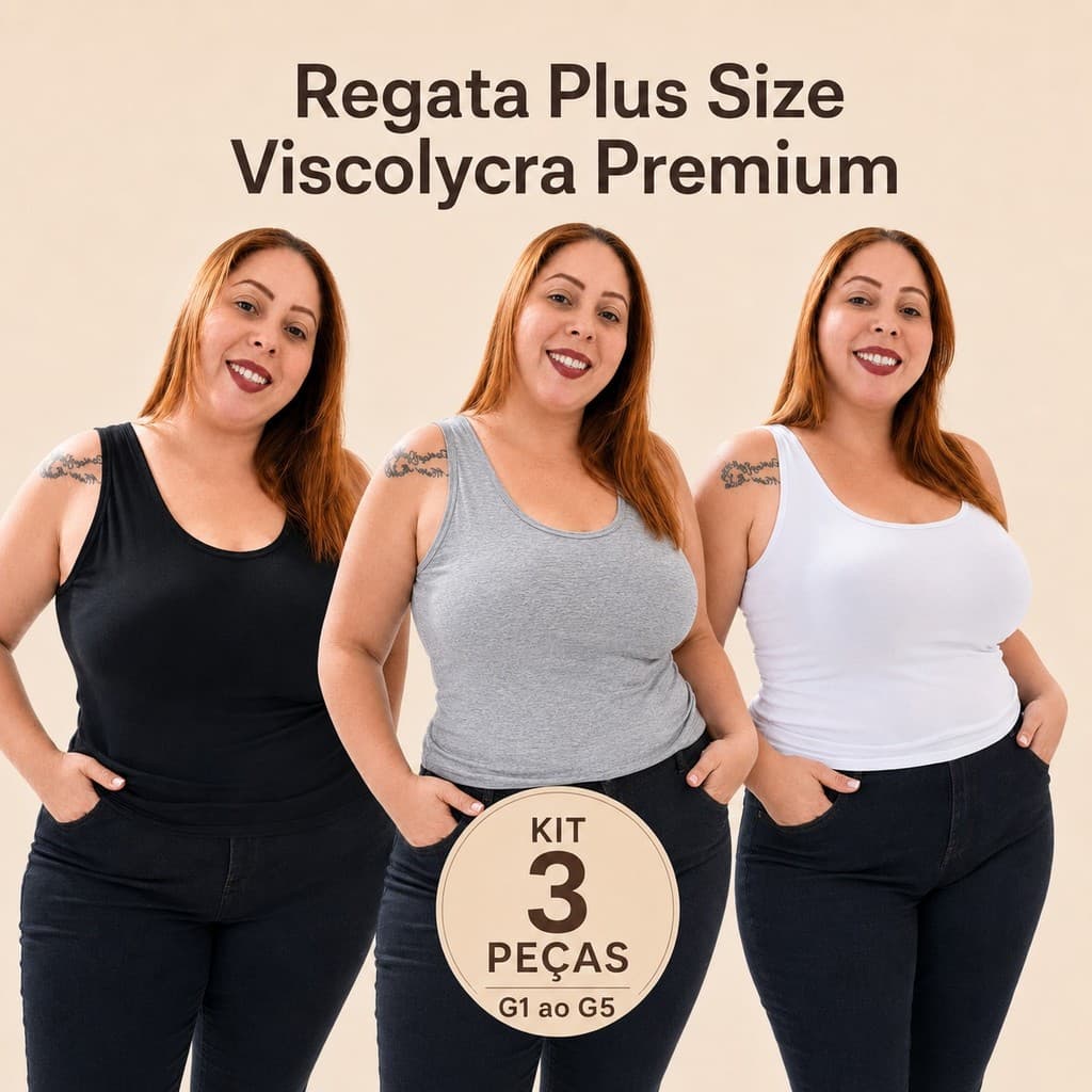 Kit 3 Regatas Plus Size Femininas Basicas Alça Larga Viscolycra Premium