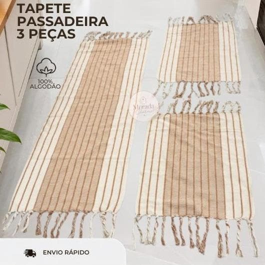 Passadeira Para Cozinha Jogo Tapete 3 Peças Tear Estampa Listrada Várias Cores 100% Algodão