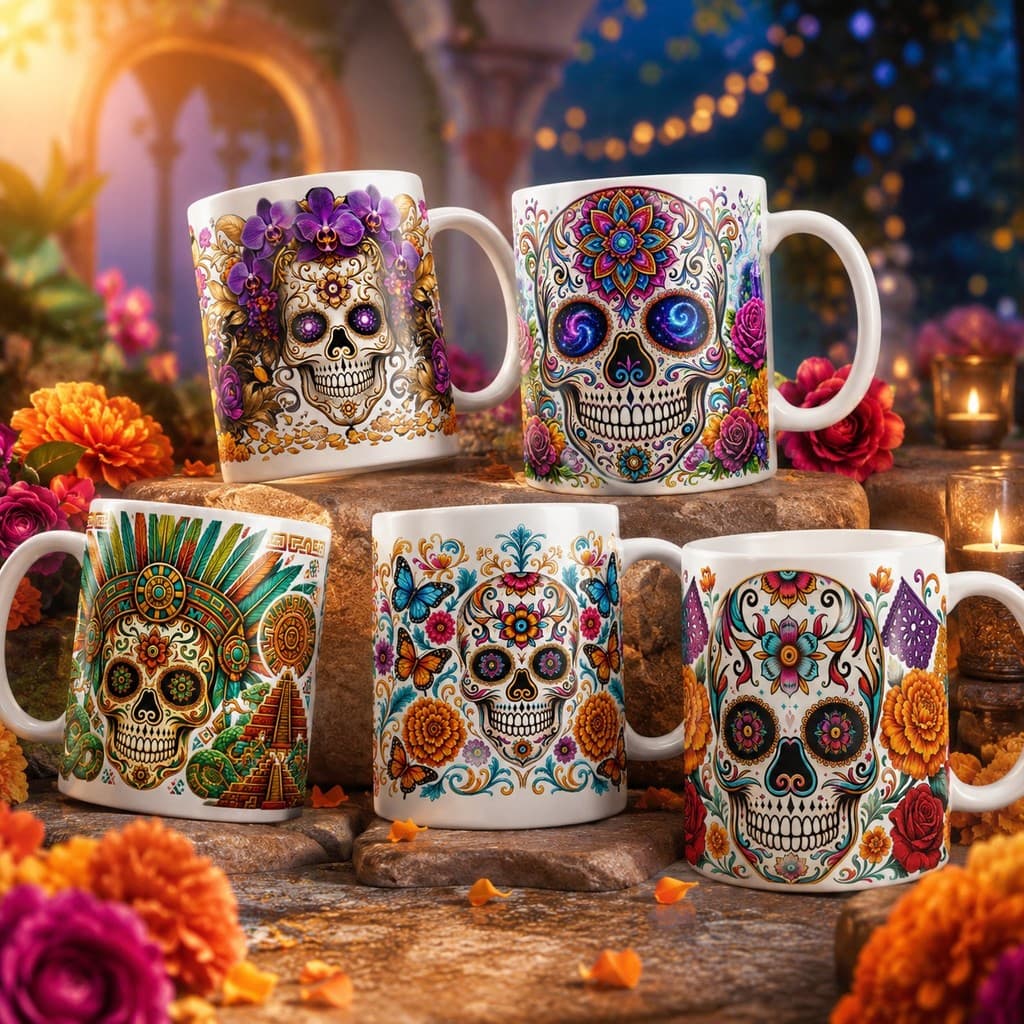 Caneca Caveira Mexicana 325ml Cerâmica Premium Dia dos Mortos 5 Estampas