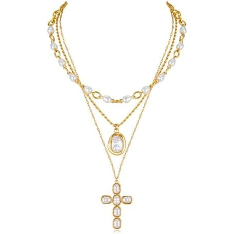 LILIE & amp ; Colar Em Camadas De Ouro Branco Para Mulheres Chique Imitação De Pérola Cruz Colares Empilháveis Multi Fio