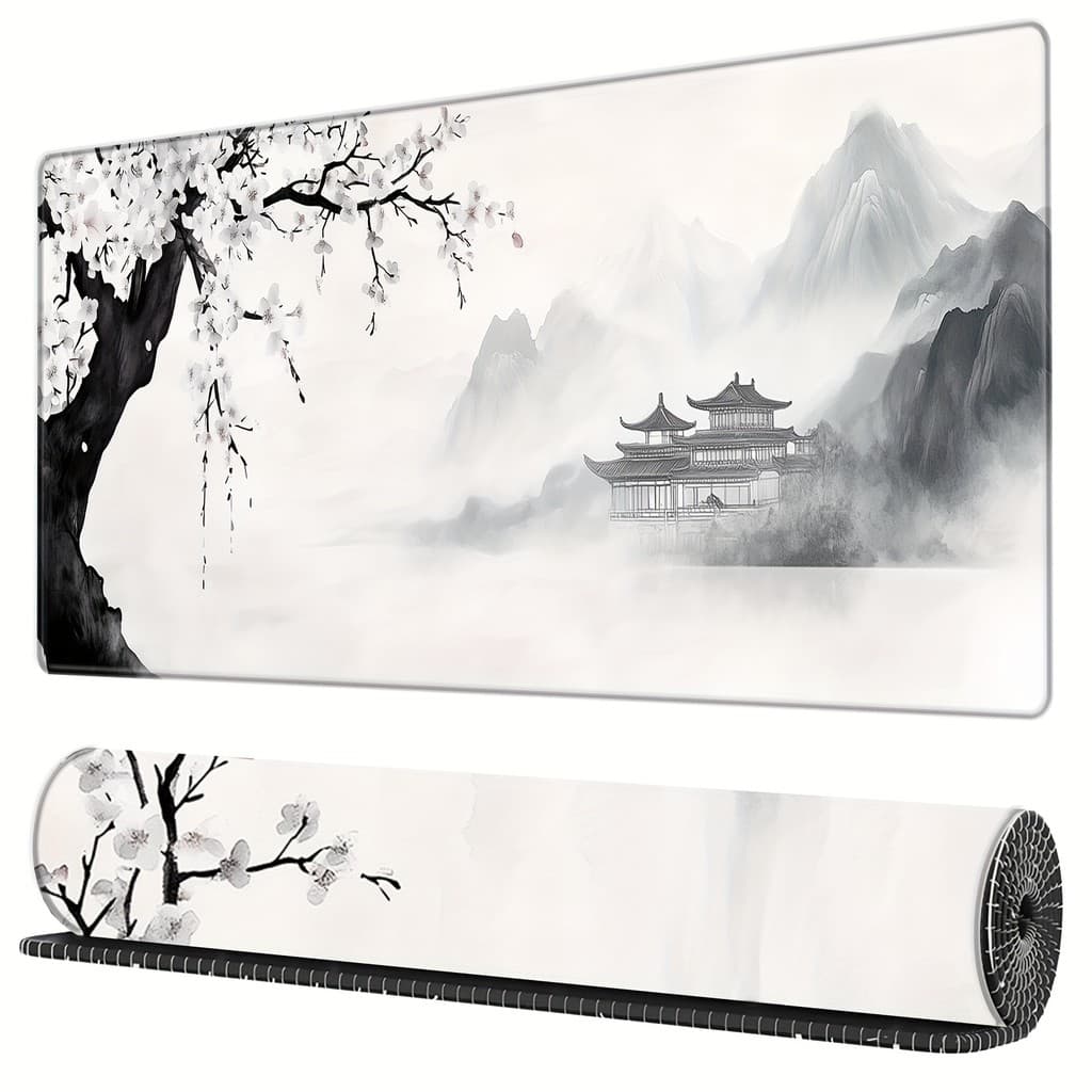 Tapete De Rato Para Jogos De Montanha De Pavilhão Antigo Em Flor De Ameixa Branca De Tinta Chinesa , Mesa Grande À Prova