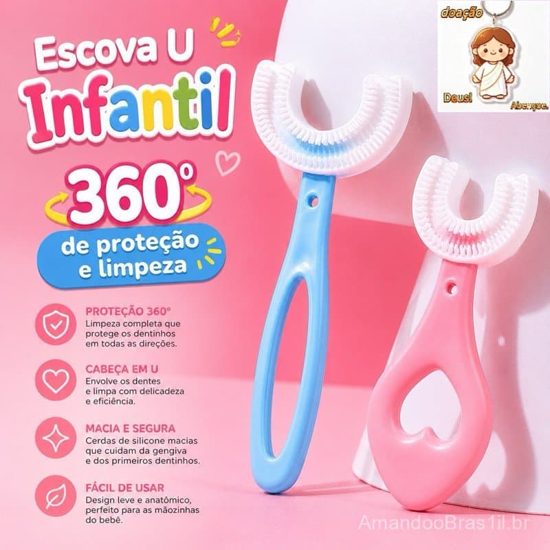 Escova de Dente Infantil em Formato U Aprendizado e Higiene 360° Cerdas Macias Crianças e Bebês
